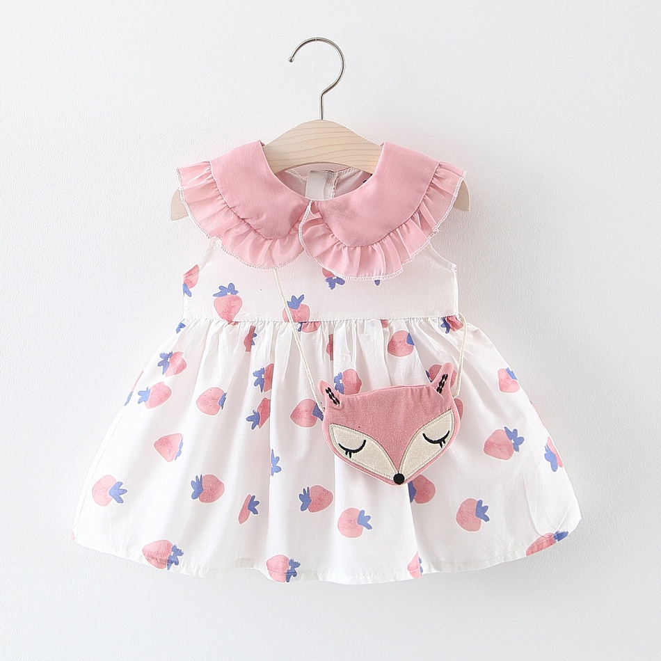 Baby Strawberry Print Doll Collar Dresses with Bag